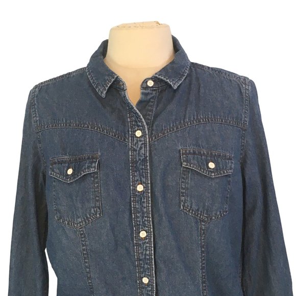 Bit & Bridle Womens Blue Chambray Button Front Fitted Shirt, Long Sleeves, Top L - Picture 2 of 8